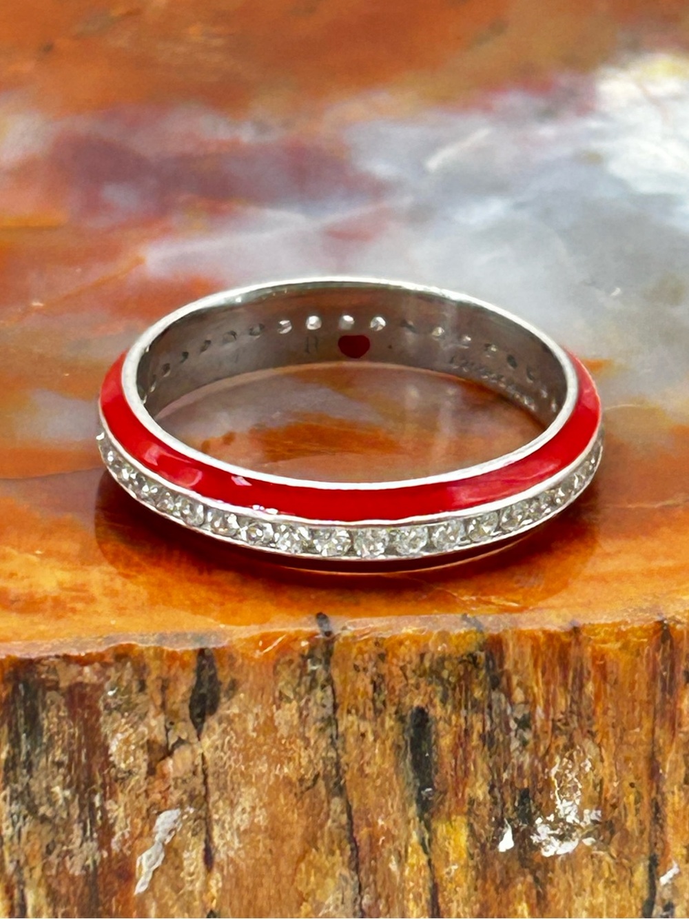 Sterling Silver Red Enameled Ring Band with Cubic Zirconia Stones - Size 8